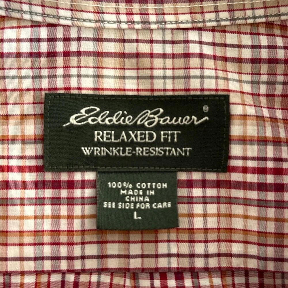 Eddie Bauer Shirt Mens Large Red Tan Plaid Casual Relaxed Wrinkle Resistant - Picture 8 of 10